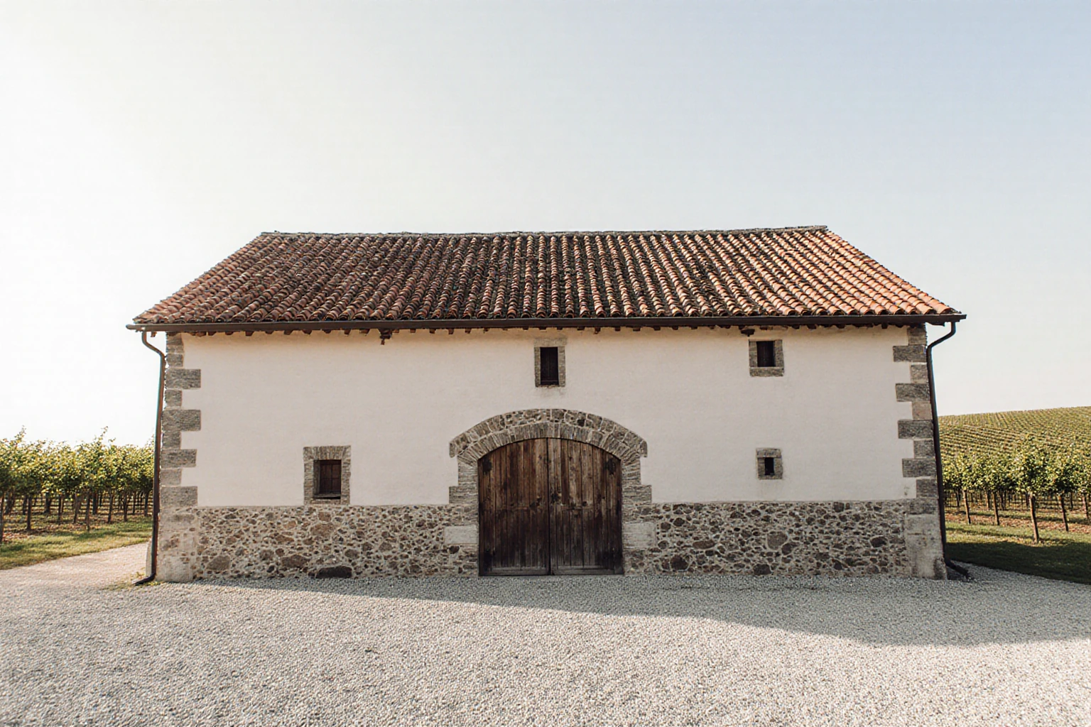 Stone agricultural building beside a farmyard